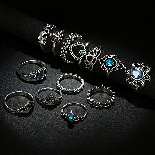 KIT ANÉIS FALANGE JOIAS PRATEADO TARTARUGA CRISTAL AZUL COM 13 ANEIS T5670