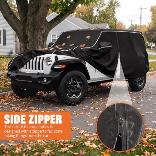 Image of 600D Waterproof car Cover Compatible with 2007-2025 Jeep Wrangler JK JL 4-Door, Outdoor Waterproof All-Weather car Cover, Sun Protection, Frost Protection, Snow Protection, with Door Zipper