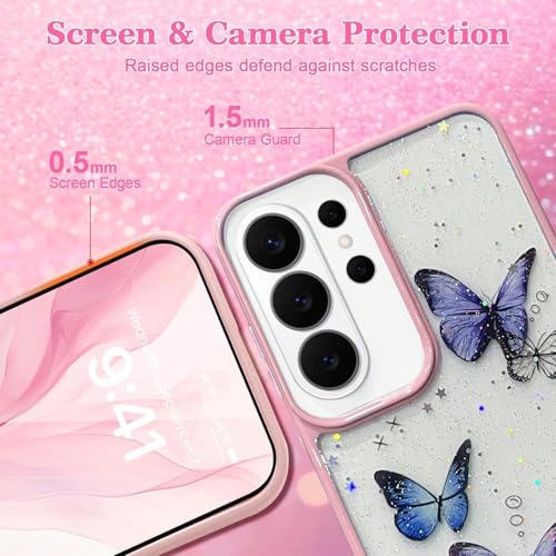 Image of VONZEE for Samsung Galaxy S26 Ultra Clear Glitter Butterfly Case, Cute Bling Sparkle Shiny Soft Silicone TPU Bumper Shockproof Women Girls Slim Protective Phone Cover, Pink