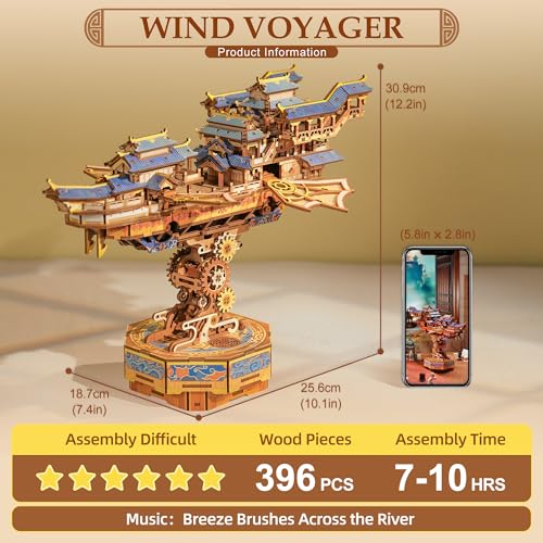 Image of Tonecheer 3D Wooden Puzzle for Adults, DIY Japanese Wooden Ship Model Kit with Music, Orien Airship Vintage Movable Building Kit Best Gift Ideas for Boys and Men - Wind Voyager