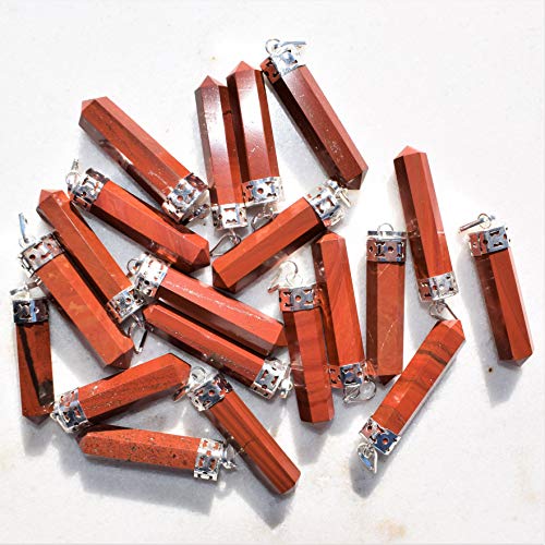 Zenergy Gems Selenite Charged Faceted Hand-Made Natural Red Brecciated Jasper Crystal Pencil Point Pendants + Selenite Heart Charging Crystal [Included]3