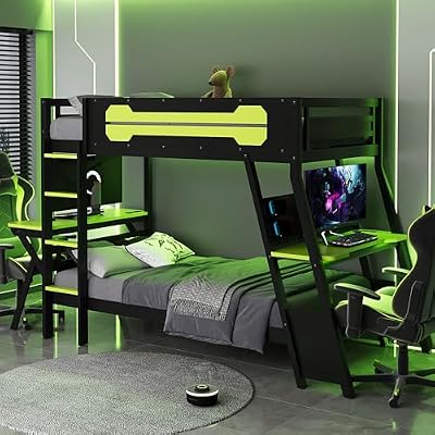 CJLMN Twin Size Bunk Bed with Two Built-in Gaming Desks, USB Desktop Ports & Pegboard Organizer, Green Gaming Bunk Frame for Two Gamers