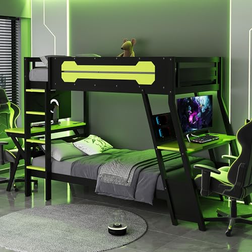 Polibi Twin Over Twin Bunk Bed with 2 Built-in Gaming Desks, USB Charging Ports & Pegboard Organizer, E-Sports Gaming Bed Frame for 2 Kids/Teens, Green (Twin Size)