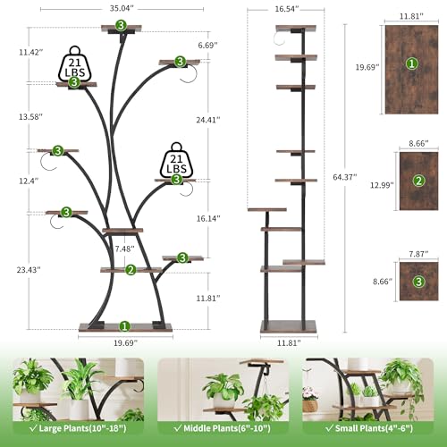 Image of Plant Stand Indoor with Grow Lights - Lighted Plant Shelf Indoor, 64 inch Tall Corner Plant Stands for Indoor Growing, 10 Tier Flower Display Shelf, Large Tree-Shaped Holder for Home, Living Room, Black