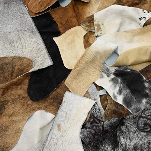 The Leather Guy Cow Hide Scraps and Remnants 1-Pound Mixed Bundle, Hair on Hide Leather Sheets and Patterns, Soft Cow Hide Fabrics for Leather Crafting, Random Colors and Sizes