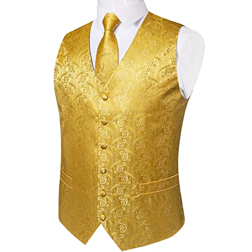 Image of DiBanGu Mens Vest and Tie Set Formal Paisley Waistcoat and Necktie Pocket Square Cufflinks Silk Suit Vest for Tuxedo Wedding