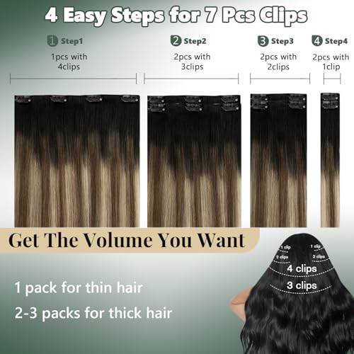 Image of Ugeat Balayage Clip in Hair Extensions 16 Inch 7pcs 120g | Human Clip in Hair Extensions , for Beginners , Natural Black Balayage Chocolate Brown