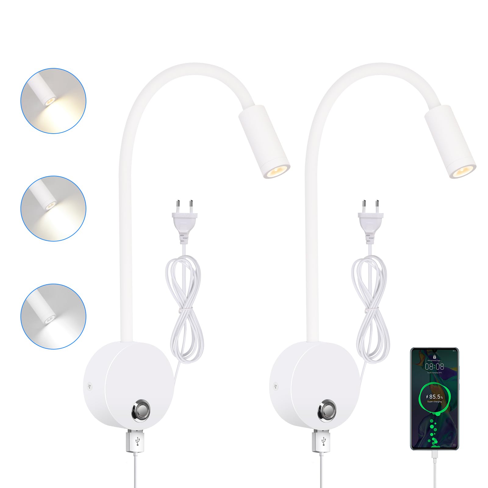 ERWEY Lampada da lettura a LED, lampada da letto camper a collo d'oca flessibile con USB, 2 pezzi lampada da lettura con touch dimmerabile 3000k-6000k per illuminazione interna, bianco