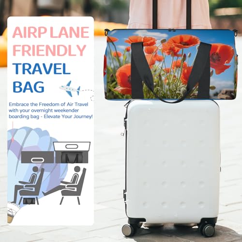 Red Poppy Pattern Sports Duffle Bag for Women Men Waterproof Overnight Weekender Bag with Adjustable Strap Travel Tote Bags for Beach Yoga Work Dance Swim3