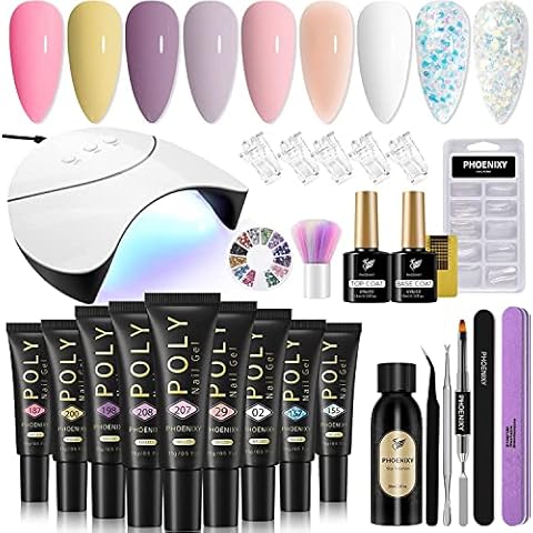 Poly Nail Gel Kit, Phoenixy Poly Nail Gel Extension Kit 15ml 9 Colour Poly Nail Builder for Gel Nail Kit with 36W U V Nail Lamp Essential Tool Starter Gifts Set for Women Cover