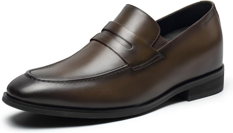 Elevator Shoes for Men | Invisible Height Increase Slip-On Loafers | Built-in System Adds 2.76 Inches/7cm | Smart Casual & Office Shoes | Calfskin Leather in Black/Brown | UK 7-10