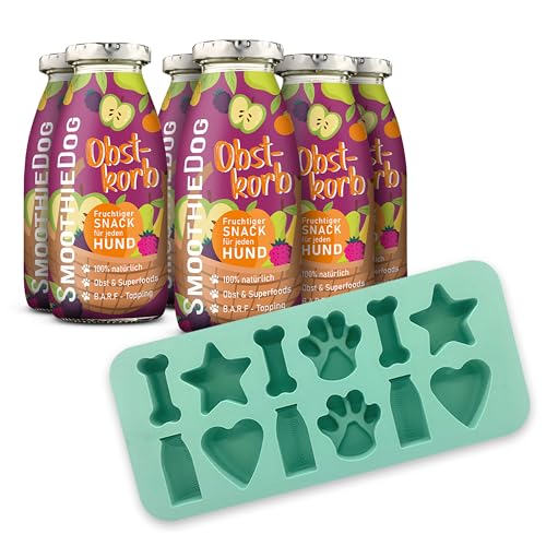 Hunde Smoothie SmoothieDog 6er Obstkorb (vegetarisch) + Eiswürfelform - Hundeis selber Machen - Leckerli für Hunde - Zucker- & glutenfrei - je 250ml