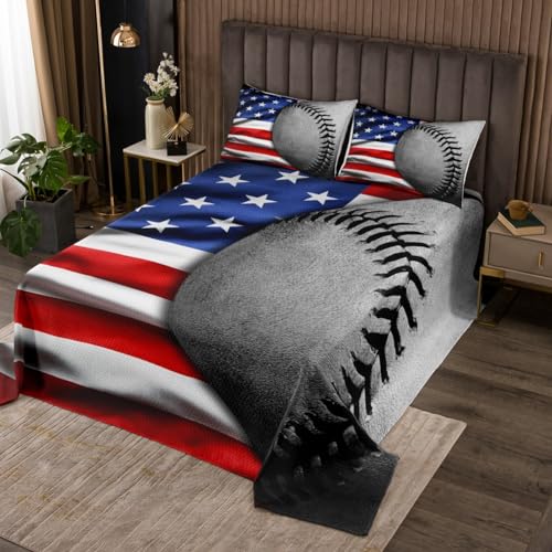 3D Baseball Coverlet Set Chic American Flag Print Quilted Coverlet Sports Games Theme Comforter Set Bedspreads Quilt Set for Children Kids Coverlet Set,Twin Size 2 Pcs