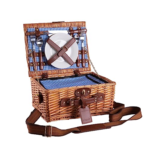 eGenuss Cesta de Mimbre para Picnic 2 Personas | con Correa de Hombro Desmontable, Cubiertos de Acero Inoxidable, refrigerador, Copas de Vino y Platos en Porcelana | Azul