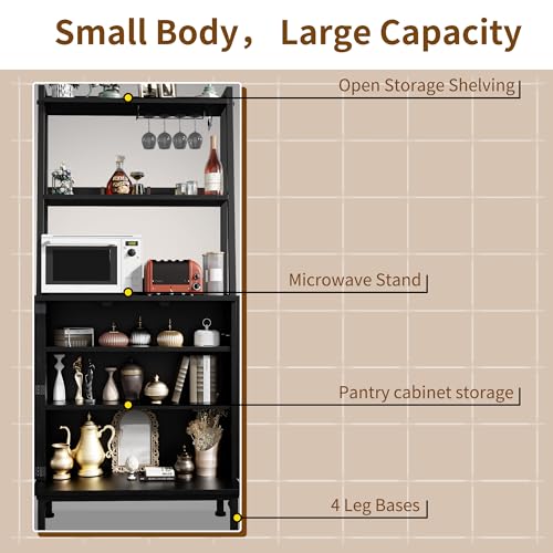 58” Pantry Cabinets with Microwave Shelves, Small Kitchen Pantry Storage Cabinet with Adjustable Shelves, Freestanding Buffet Cupboards Sideboard for Kitchen, Dining Room, Living Room Use (Black) by kepptory - Image 4