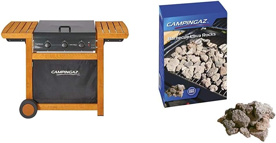 Campingaz Barbecue Gas Adelaide 3 Woody Dual Gas, Grill Barbecue a Gas a 3 Bruciatore, Potenza di 14 kW, Griglie in Acciaio, 2 Tavoli a Lato Roccia Lavica