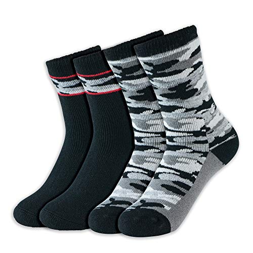 Hot Feet Boy's 2 Pairs Heavy Thermal Socks - Thick Insulated Crew for Cold Weather; Size: 6-13.5 (Age: 5-11) (Camo/Black)