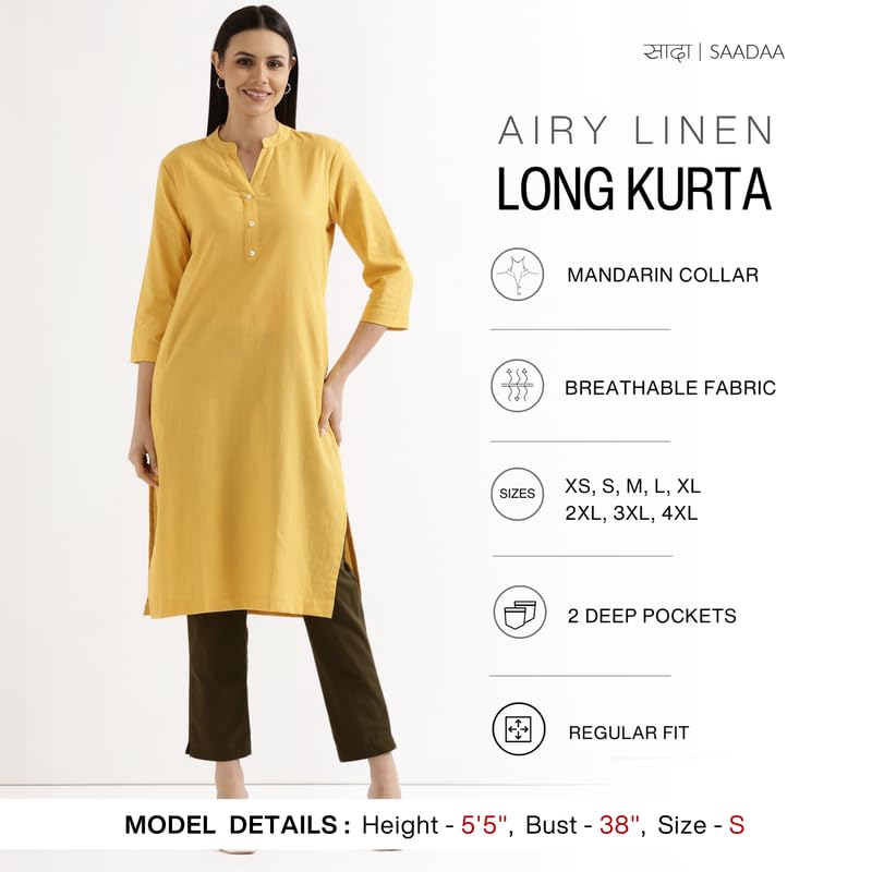 Image of SAADAA Women's Linen Straight Fit Straight Long Kurta Airy Plain Kurta, 3 /4 Sleeve, Knee Length Kurtis with Pockets, Casual and Office Wear