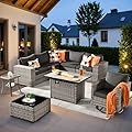 ovios 9 Pieces Patio Furniture Set, Outdoor Sectional Sofa with Swivel Rocking Chair, 42" Fire Pit Table, Wide Arms and Deep Seat, Modular Wicker Rattan Conversation Set, Black