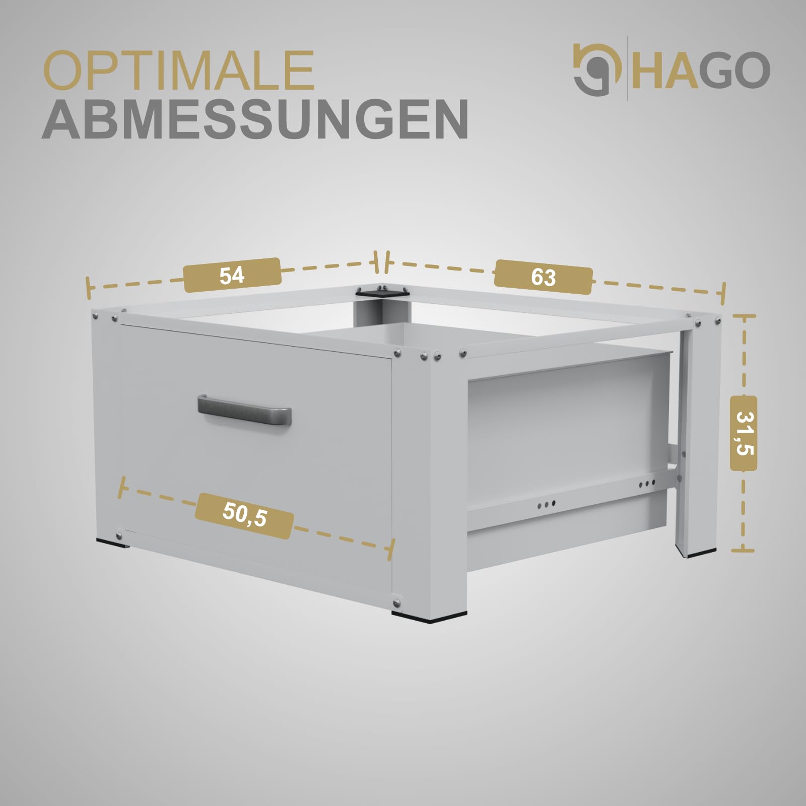 HAGO24 | Waschmaschinenuntergestell | Podest | Schublade | Ablage | 150kg Traglast | Gummifüße | 63x54x31,5cm | Rückenschonend | Weiß | Aluminiumgriff