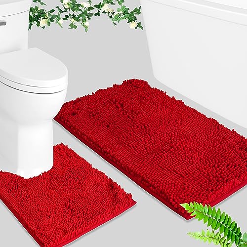 Image of BOANKODU Red Bathroom Rugs Sets 2 Piece, Absorbent Bath Mat for Bathroom Very Soft Chenille Non-Slip, 32x20 Inch + 20x20 Inch U Shape Bathroom Mat, Machine Washable