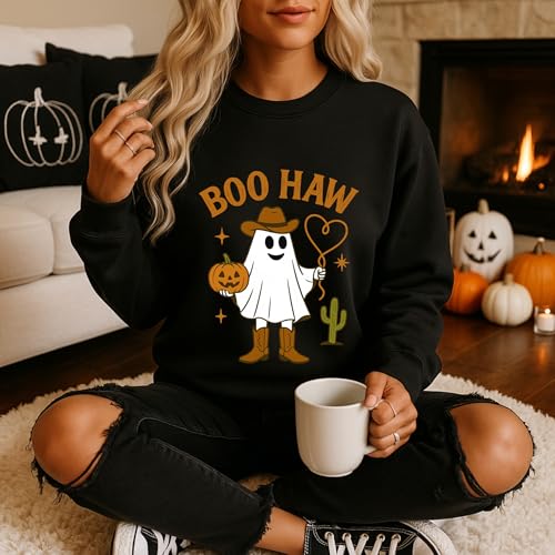 BOO HAW Cowboy Ghost Sweatshirt, Halloween Western Pullover, Pumpkin Cowboy Crewneck2
