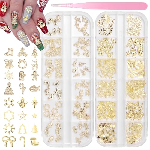 Christmas Nails Charms, Snowflake Bows Nail Art Rivets Studs, Gold