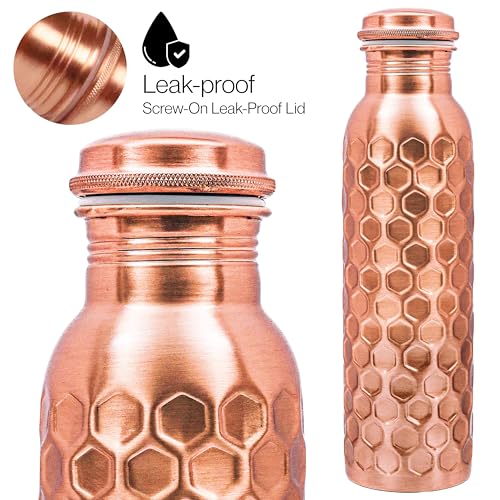Image of Copper Water Bottle 32 oz, Copper Drinking Bottle Honeycomb | 100% Pure Copper, Ayurvedic Tamra Jal Vessel, Leak-Proof Screw Cap, Cleaning Brush included, Reusable