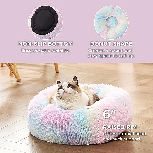 Image of Bedsure Calming Cat Beds Donut Round Washable Kitten Bed,20 inches Multi Color
