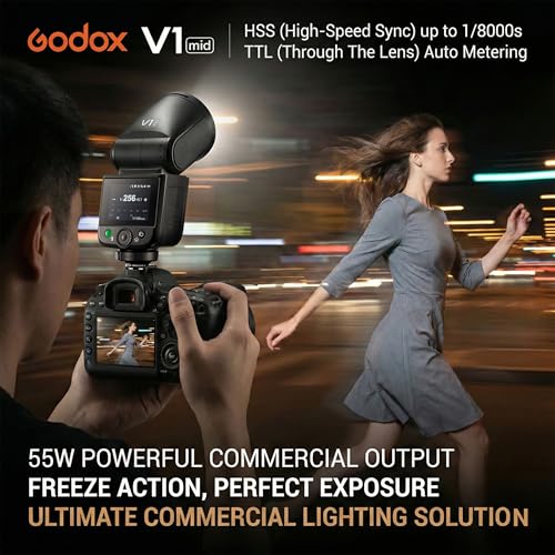 Image of Godox V1 MID C Flash for Canon, 55Ws Round Head Touchscreen Speedlite, 24mm Optics, 650+ Flashes, TTL /HSS 1 /8000s, V1MID Travel Flash for Canon EOS R RP R5 R6 R7 R8 R10 R100 R5