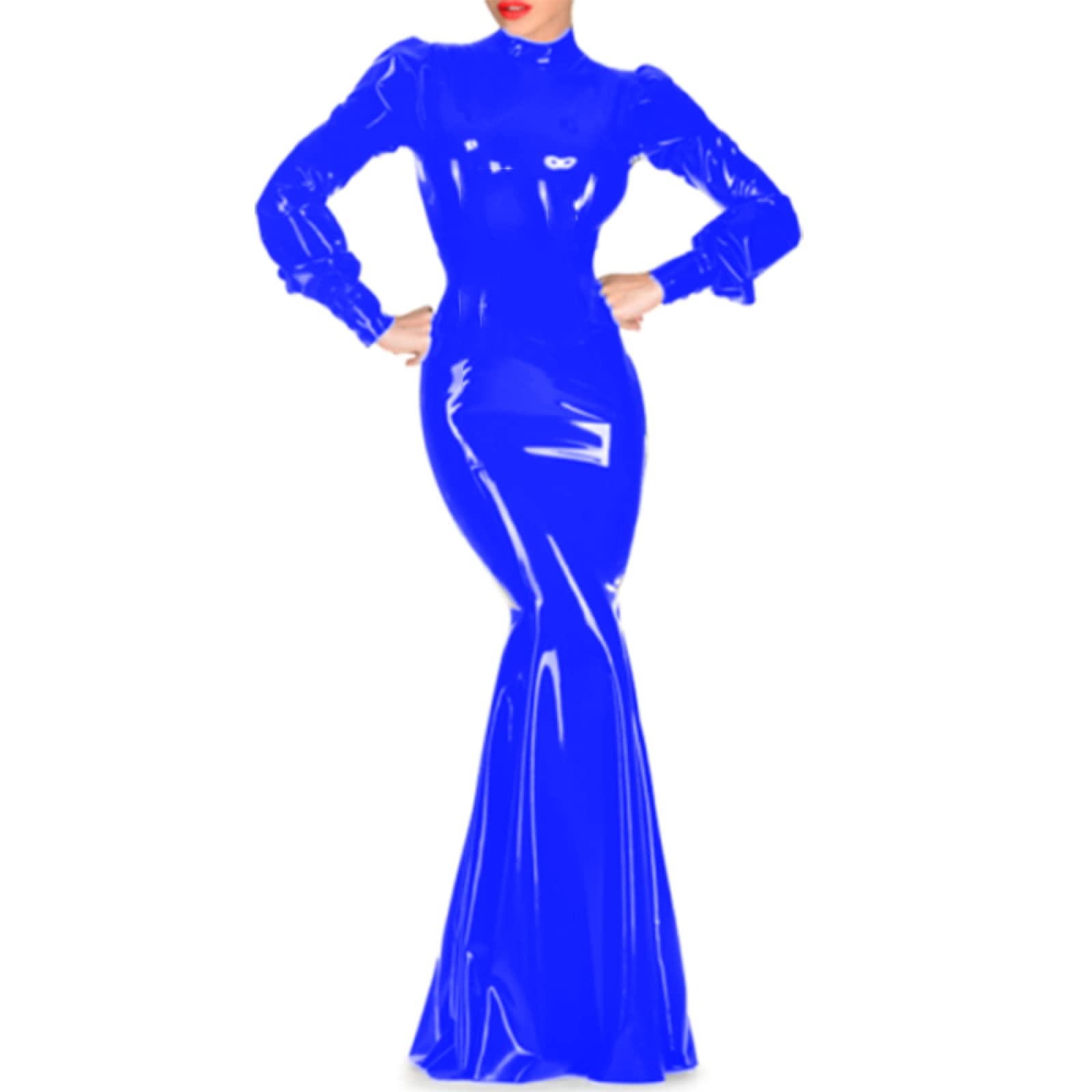 Vestido largo de fiesta para mujer, manga larga, piel sintética, PVC, discoteca, fiesta, club, azul, XL