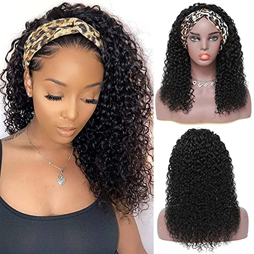 Headband Wig, Headband Wigs for Black Women Human Hair Kinky Curly, Glueless Human Hair Half Black Wigs with Headband Attached 150% Density (16Inch)