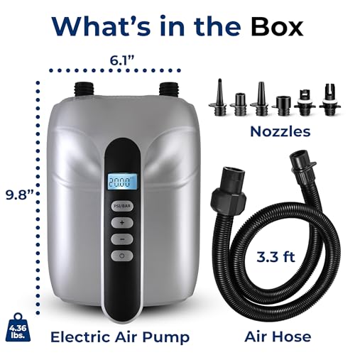 Image of Paddle Board Pump Electric - Portable 20 PSI Dual-Stage Air Compressor for Super Fast Inflation and Deflation, Auto-Off, LCD Display and 12V Car Connector - for SUP, Boats & Inflatables