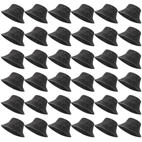 Image of 36 Pcs Bucket Hats Bulk Washed Cotton Foldable Bucket Hat Wide Brim Sun Hats for Women Men Beach Tie Dye DIY