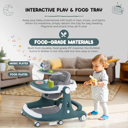 Image of Bunnie Baby Activity Sumo Walker, Adjustable Infant Walking, Removable Toy Tray, Safety Lock Wheels, and Parental Handle, Perfect for Toddlers Learning to Walk Indoors, 6-Wheel Design - Dark Green