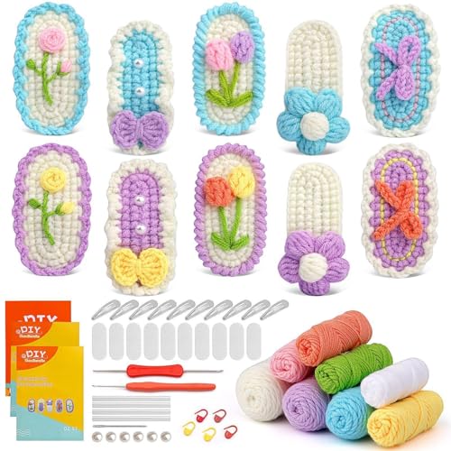 Juego de horquillas para el pelo de ganchillo, juego de accesorios para el pelo de ganchillo para principiantes, kit de punto para niños con instrucciones en vídeo, juego de horquillas de ganchillo