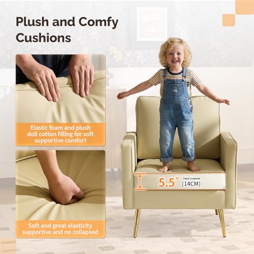 Image of VINGLI PU Leather Accent Chairs Set of 2, Mid-Century Modern Living Room Chairs with Removable Cushions, Gold Legs, Upholstered Sofa Armchair for Bedroom, Office, Apartment, Play Room