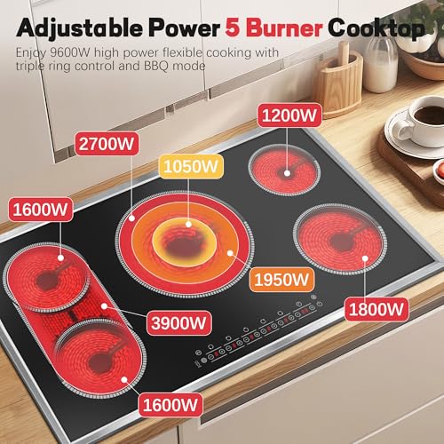 Image of 36 Inch Electric Cooktop, 5 Burner Stove Top Touch Control,220-240V | 36 inch Glass Ceramic Stove Top, 9600W, BBQ & Flexible Zone, Child Lock, Timer, Overheat Protection,220-240V Hard Wired (No Plug)
