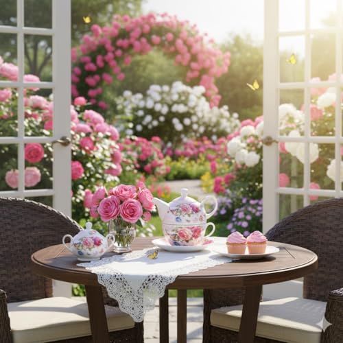 ONEUSTAR Tea for One Set Ceramic Floral Teapot and Cup Saucer Set for Women Mother's Day Birthday Gift in Reusable Handmade Gift Box, Pink