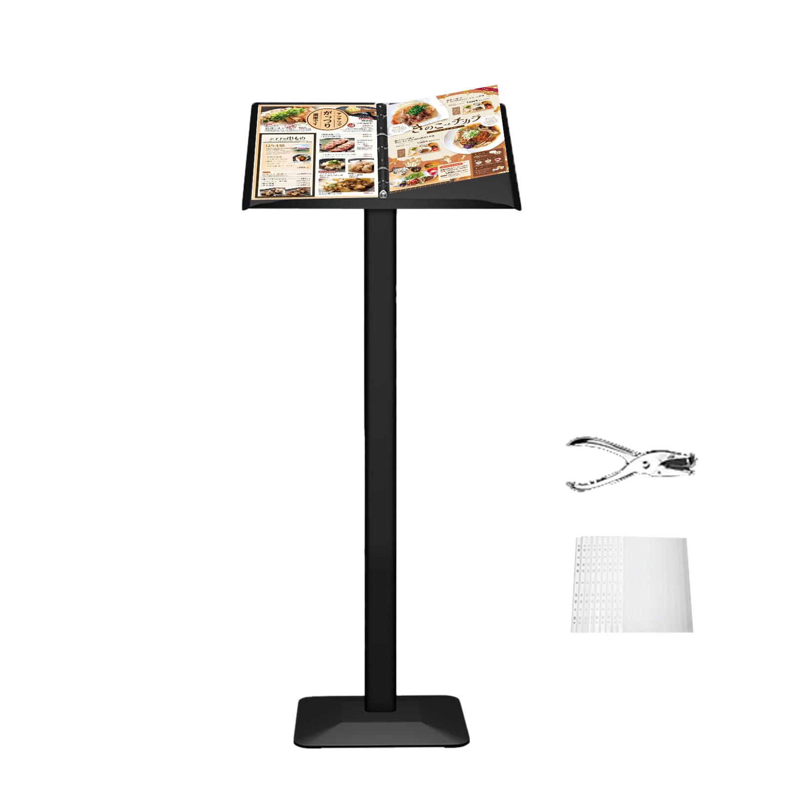 Stojak na informacje, czarny, Rozmiar panelu informacyjnego (490 x 355 mm), stojak reklamowy, stojak na plakaty, Półką na prospekty miejsce na karty menu, Do menu, informacji, broszur (czarny)