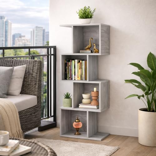 Image of Bookcase, Bookshelf, Freestanding Display Storage Shelves Open Bookcase for Bedroom, Small Bookshelf for Living Room and Office (Grey, S-Shaped)