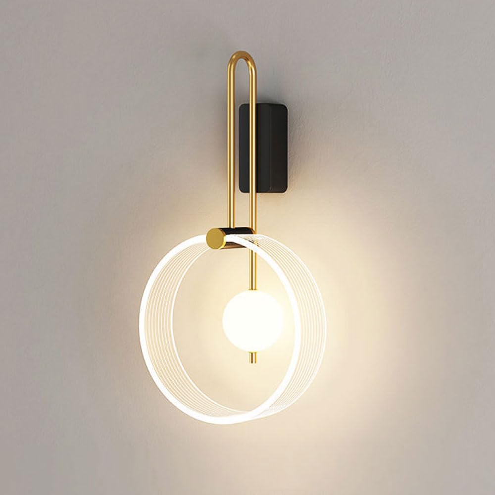 Applique da Parete Moderna e Semplice, Anello LED per Comodino, Lampada da Interno Oro+Nero, Lampada Lunga con Paralume in Gel di silice, Applique in Alluminio in Stile postmoderno