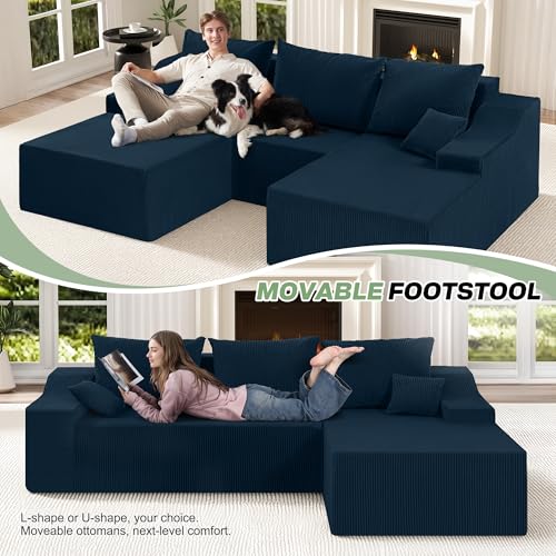 Image of HABUTWAY U Shaped Modular Sectional Couch for Living Room, Modular Cloud Sofa with Ottoman, No Assembly Boneless Couches with Deep Seat, Corduroy Fabric (Blue, Right Facing)