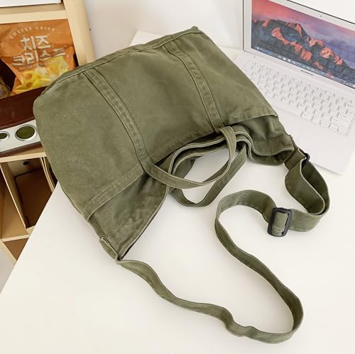 Image of Cotton Tote Handbag Women Canvas Crossbody Beach Bag Hobo Shoulder Tote Bag with 3 External Pocket,Zipper Closure