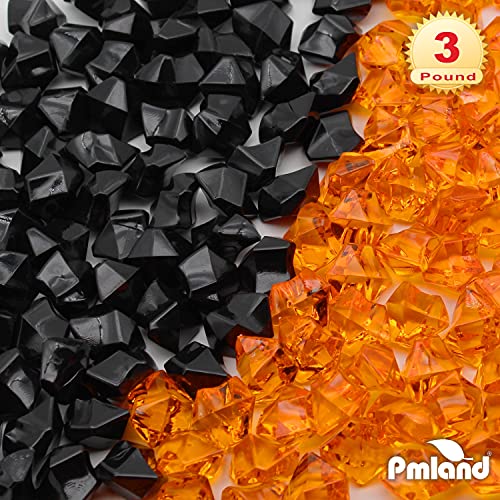 PMLAND Clear Fake Ice Rocks – 550 Pcs Large Acrylic Gems Crushed Plastic Diamonds, Black Orange (3Lbs/2.25 Quarts) – Bulk Vase Filler for Centerpieces Halloween Theme Décor Aquarium Table Scatter