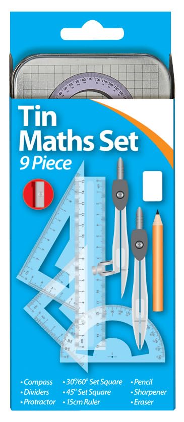 9 Piece Geometry Maths Set with Storage Tin Metal Compass Dividers Set Squares Protractor 15cm Ruler