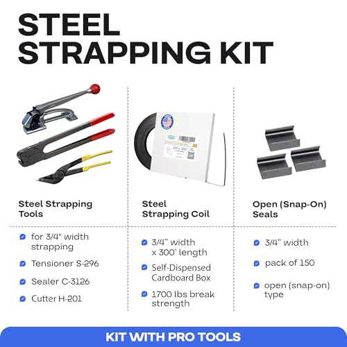 Image of IDL Packaging PRO 5 /8 inch x 300' Steel Strapping Kit, 1400 lbs Break Strength - Professional Grade Tools & Mini Strapping Coils - Enough Strapping and Seals for 150 Uses Before Refill