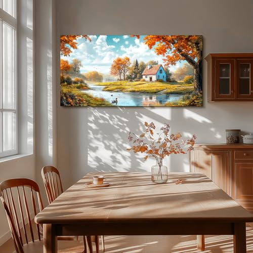 SERIMINO Fall Landscape Large Wall Art, Forest Cottage Rustic Wall Decor, Lake Duck Farmhouse Canvas Painting, Nature House Decorations Living Room Bedroom Dining Room Cottagecore Art Prints 30"X60"