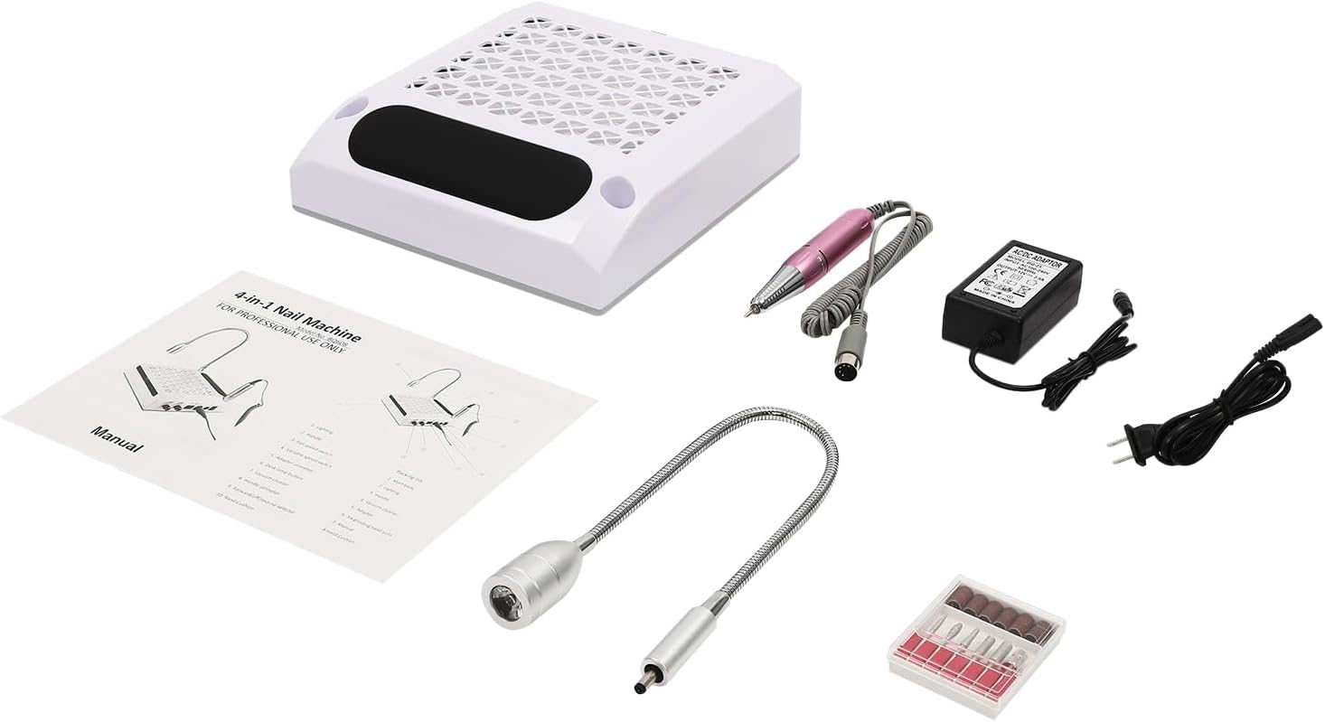 All components of the 4-in-1 Manicure Machine laid out: the main unit, LED lamp, nail drill handle, power adapter, power cord, grinding head set, and English manual.