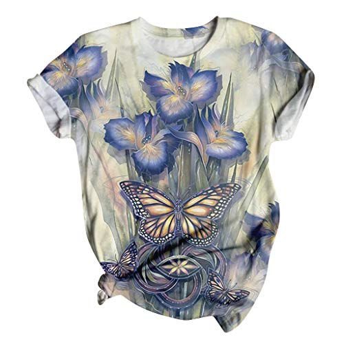 Blusa Casual De Manga Corta Con Estampado De Flores para Mujer Camiseta De Cuello Redondo Suelto Summer Running Yoga Top